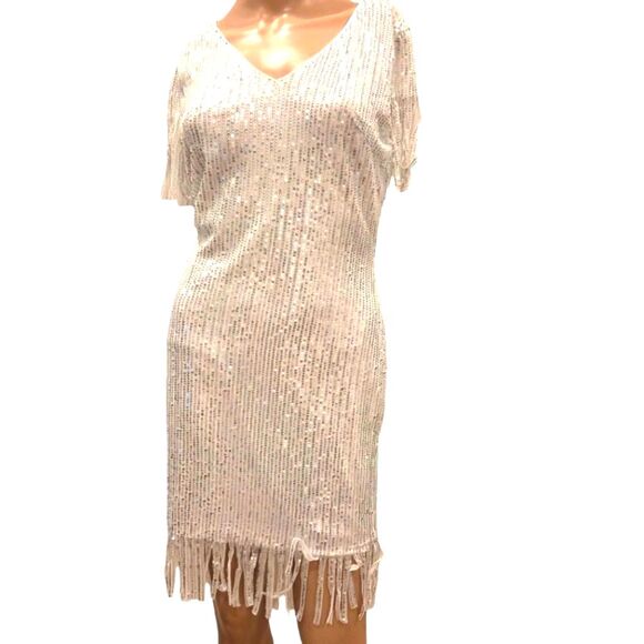 Silver Sequin Fringe Dress Shein Flapper Short Sleeve Size S - Picture 1 of 6